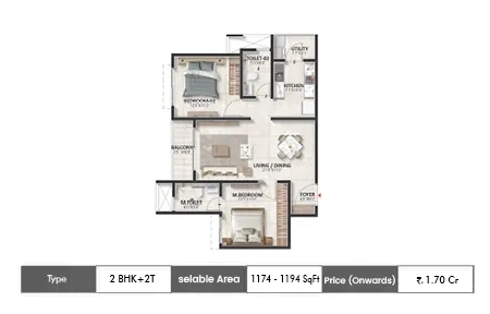 2 BHK 1174 - 1194 SqFt
